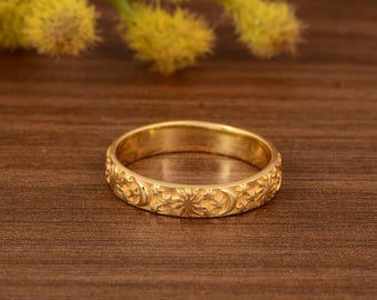 Anillo de sol y luna chapado en oro, anillo de estrella llamativo, anillo con patrón celestial, anillo minimalista de plata de ley 925, regalo para ella.