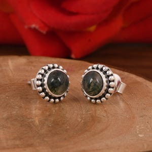 Natural Moss Agate Stud Earrings / 925 Sterling Silver Earrings / Handmade Art Deco Jewelry / Minimalist Gemstone Earrings / Gift For Friend