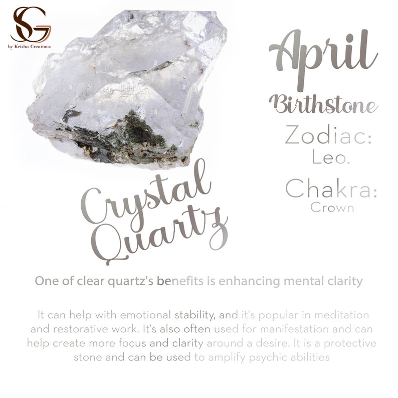 Puede incluir: Un cristal de cuarzo claro, tambi&eacute;n conocido como cristal de roca, es la piedra de nacimiento de abril. Se asocia con el chakra corona y el signo del zod&iacute;aco Leo. El texto en la imagen dice "Piedra de nacimiento de abril Zodiaque: Leo. Chakra: Corona Cuarzo de cristal Uno de los beneficios del cuarzo claro es mejorar la claridad mental Puede ayudar con la estabilidad emocional, y es popular en la meditaci&oacute;n y el trabajo restaurativo. Tambi&eacute;n se usa a menudo para la manifestaci&oacute;n y puede ayudar a crear m&aacute;s enfoque y claridad en torno a un deseo. Es una piedra protectora y se puede usar para amplificar las habilidades ps&iacute;quicas"