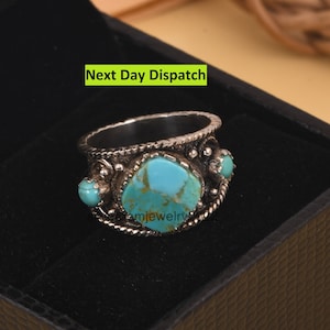 Anillo de cóctel turquesa Kingman - Anillo oxidado de plata esterlina 925 - Anillo grueso hecho a mano - Anillo boho art déco - Regalo único para boda.
