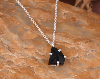 Black Obsidian Raw Crystal Necklace / Beautiful Minimalist Pendant / 925 Sterling Silver Necklace /  Unique Boho Necklace For Anniversary.