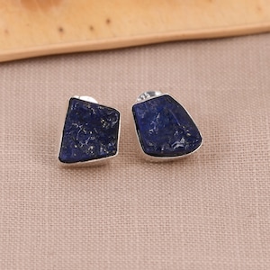 Minimalist Lapis Lazuli Earrings - Lapis Gemstone Stud Earrings - 925 Sterling Silver jewelry - Raw Crystal Earrings - Gift For Anniversary.