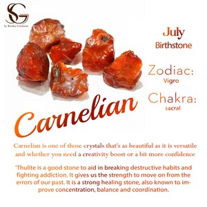 May include: Carnelian crystals, a July birthstone, associated with the Virgo zodiac sign and the sacral chakra. The text describes carnelian as a beautiful and versatile crystal that can aid in breaking destructive habits and fighting addiction.