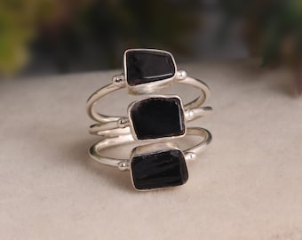 Antique Black Obsidian Ring / 925 Sterling Silver Ring / Handmade Ring / Three Gemstone Ring / Raw Obsidian Jewelry / Gift For Anniversary.