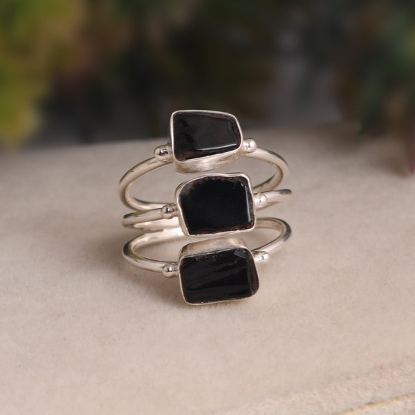 Antique Black Obsidian Ring / 925 Sterling Silver Ring / Handmade Ring / Three Gemstone Ring / Raw Obsidian Jewelry / Gift For Anniversary.