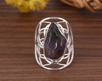 Genuine Rough Super Seven Faceted Crystal Ring / 925 Silver Leaf Ring / Designer Handmade Gemstone Ring / Minimalist Ring For Friends Love.