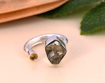Raw Pyrite Ring , Citrine Gemstone Ring , 925 Sterling Silver Ring , Designer Handmade Ring , Natural Stone Ring , Minimalist Gift For Love.
