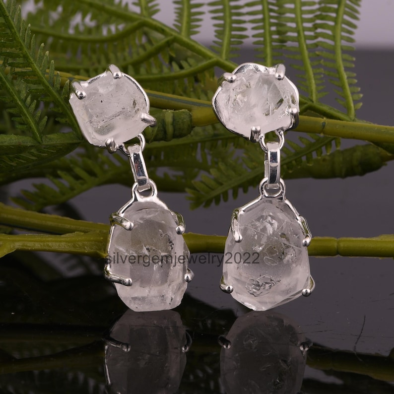 Handmade Sterling Silver Rough Herkimer Diamond Dangle Earrings image 2