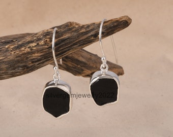 Rough Black Obsidian Earrings - Pure 925 Silver Earrings - Black Gemstone Bezel Set Earrings - Beautiful Engagement Earrings - Gifts Item.
