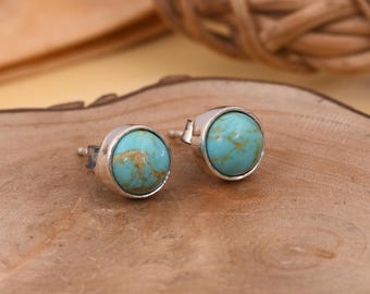 Genuine Kingman Turquoise Earrings , 925 Sterling Silver Earrings , Handmade Circle Cute Earrings , Everyday Earrings , Gift For Friend.
