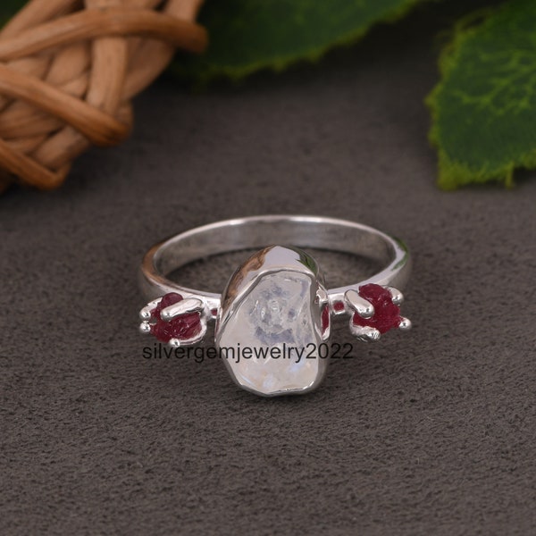 Rainbow Moonstone & Spinel Ruby Ring , Minimalist 925 Sterling Silver Ring , Rough Gemstone Ring , Birthstone Gift , Gift For Anniversary.