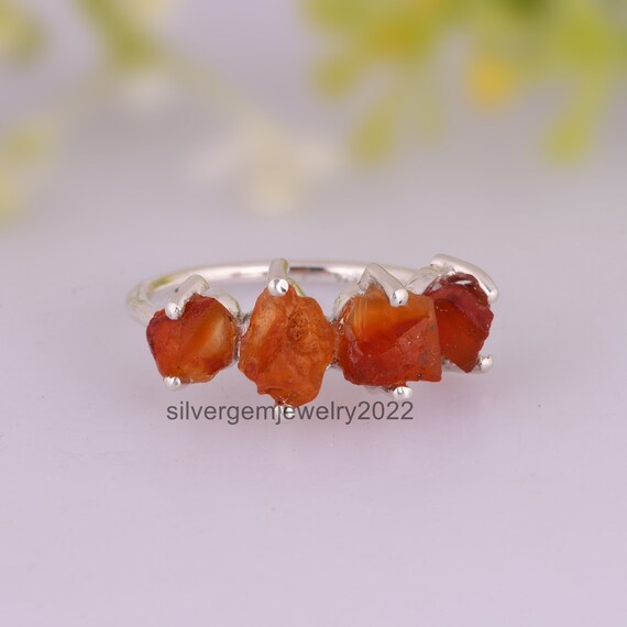 Beautiful Carnelian Raw Gemstone Ring - Healing Crystal 925 Silver Ring - Designer Handmade Boho Ring - Stackable Prong Set Ring For Her.