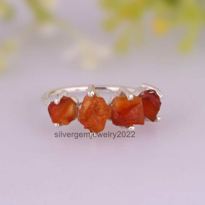 Beautiful Carnelian Raw Gemstone Ring - Healing Crystal 925 Silver Ring - Designer Handmade Boho Ring - Stackable Prong Set Ring For Her.
