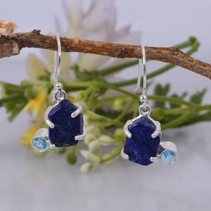 Exquisite Blue Topaz & Lapis Lazuli Earrings- 925 Sterling Silver Earrings- Two Gemstone Earrings- Raw Crystal Earrings- Gift For Birthday.