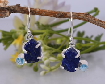 Exquise Blue Topaz & Lapis Lazuli oorbellen-925 sterling zilveren oorbellen-twee edelsteen oorbellen-ruwe kristallen oorbellen-cadeau voor verjaardag.