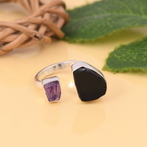 Elegant Black Obsidian & Amethyst Ring/ 925 Sterling Silver Ring/ Handmade Ring/ Two Raw Stone Ring/ Beautiful Gemstone Ring/ Gift For Wife.