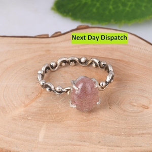 Strawberry Quartz Ring - 925 Sterling Silver Ring - Strawberry Wave Ring - Minimalist Oxidized Ring - Prong Set Quartz Ring - Gift For Love.
