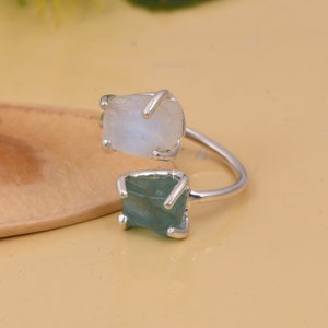 Apatite & Rainbow Moonstone Rough Gemstone Ring - Designer Adjustable Ring - Solid Silver Minimalist Ring - Double Rough Stone Ring For Her.