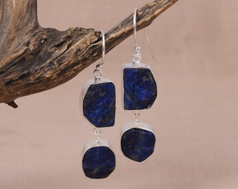 Lapis Lazuli Dangle Earrings , 925 Sterling Silver Boho Earrings , Blue Gemstone Earrings , Raw Blue Stone Earrings , Gift For Anniversary.