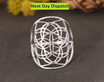 925 Sterling Silver Seed Of Life Ring/ Handmade Silver Ring/ Stacking Ring/ Sterling Silver Ring/ Stackable Ring/ Mandala Ring For Friend.