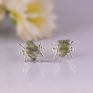 Authentic Moldavite Earrings, Genuine Moldavite, Moldavite Jewelry, Raw Moldavite, Handmade Crystal Stud Earrings, 925 Silver Earrings.