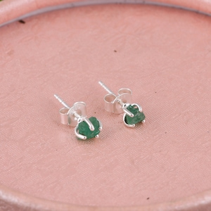 Tiny Emerald Raw Stud Earrings / Minimalist Emerald Raw Gemstone 925 Sterling Silver Earrings / Handmade Prong Set Earrings For Anniversary.