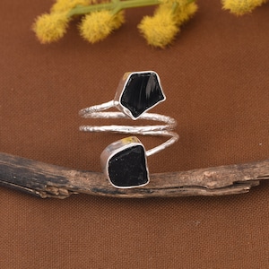 Delicate Raw Black Obsidian Ring , 925 Sterling Silver Ring , Handmade Spiral Band Ring , Obsidian Gemstone Ring , Gift For Bestfriend.
