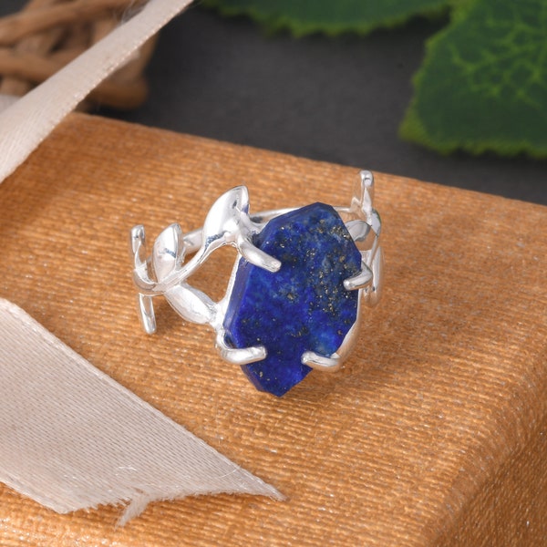 Leaf Lapis Lazuli Raw Crystal Ring , Rough Gemstone Ring For Women , Minimalist Fine 925 Statement Silver Jewelry , Ring For Anniversary.