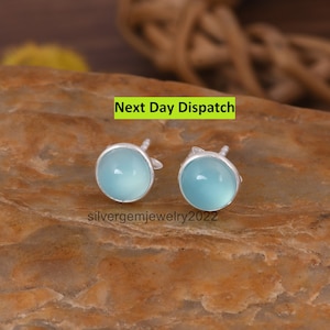 Cute Aqua Chalcedony Earrings / 925 Sterling Silver Circle Earrings / Gemstone Stud Earrings / Chalcedony Earrings / Gift For Birthday.