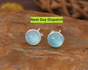Cute Aqua Chalcedony Earrings / 925 Sterling Silver Circle Earrings / Gemstone Stud Earrings / Chalcedony Earrings / Gift For Birthday.