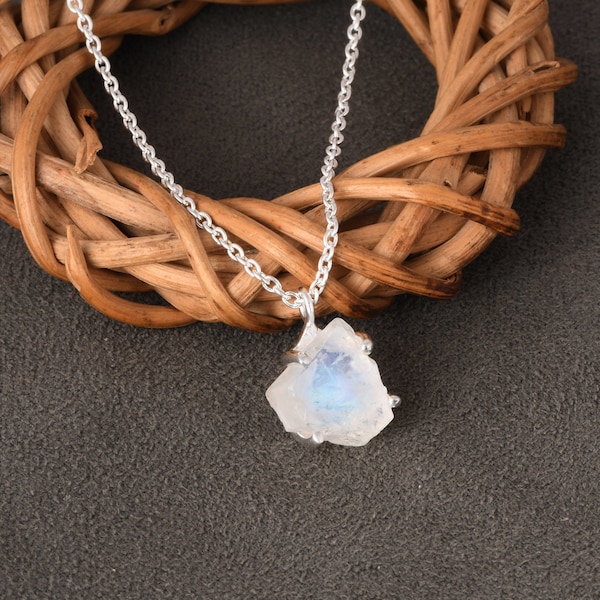 Rainbow Moonstone Raw Crystal Necklace/ Beautiful Minimalist Pendant/ 925 Sterling Silver Necklace/  Unique Necklace For Valentine's Day.