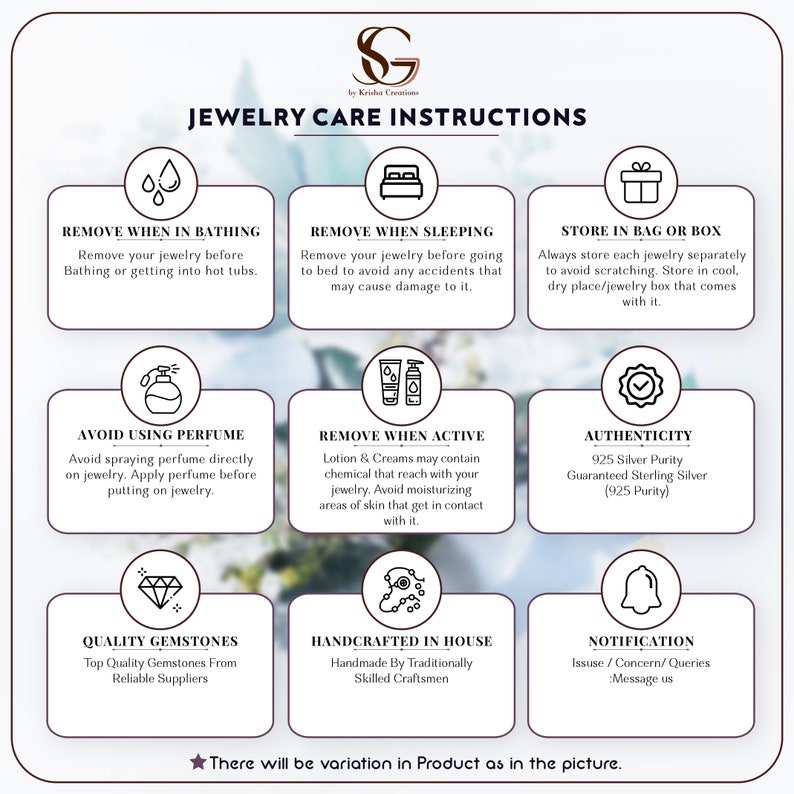 May include: A graphic with instructions on how to care for jewelry. The graphic features icons and text describing how to remove jewelry when bathing, sleeping, or being active, how to store jewelry, and how to avoid using perfume on jewelry. The graphic also mentions the quality of the gemstones and the authenticity of the silver used in the jewelry.