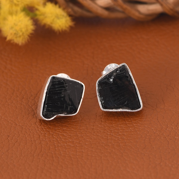 Raw Black Obsidian Stud Earrings- 925 Sterling Silver Earrings- Minimalist Wedding Earrings- Gemstone Stud Earrings- Gift For Bestfriend.