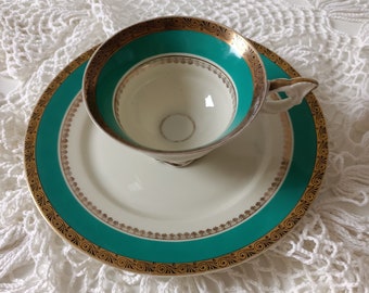 Tea pair Cup and saucer Cup vintage Cup with gilding Turquoise with gilding German porcelain