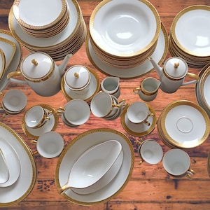 Vintage Rieber Bavaria Porcelain Dinnerware Set – 100 pcs – German Mid Century Tableware, 1950s-1970s, Gold Trim, Tea & Coffee Service
