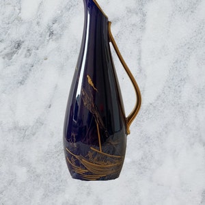 Antique Cobalt Blue Vase with Gold Trim, German Porcelain 1948–1970, St. Peter&#39;s Cathedral, Sailing Ships, Vintage Decor