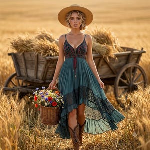 May include: A teal high-low dress with a V-neckline, intricate embroidery on the bodice, and black lace trim along the hem. The dress is paired with a wide-brimmed straw hat, brown leather cowboy boots, and a woven basket filled with wildflowers.