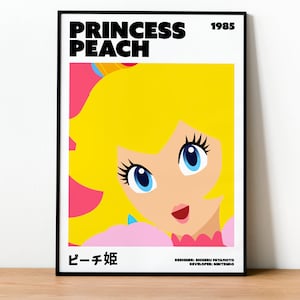May include: A framed poster featuring Princess Peach from the Super Mario video game series. The artwork showcases a stylized illustration of Princess Peach with blonde hair, blue eyes, and a pink dress. The poster includes the text "PRINCESS PEACH 1985" and Japanese text.