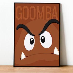 May include: A brown Goomba character from the Super Mario Bros. video game series. The Goomba has a frowning face with large white eyes and sharp teeth.