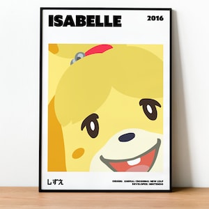 Puede incluir: Un póster en blanco y negro con el texto "ISABELLE 2016" en la parte superior. El póster presenta una imagen de dibujos animados de Isabelle de la serie de videojuegos Animal Crossing. El texto "しずえ" está en la esquina inferior izquierda del póster. El texto "ORIGIN: ANIMAL CROSSING: NEW LEAF DEVELOPER: NINTENDO" está en la esquina inferior derecha del póster.