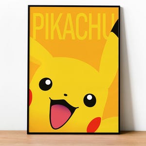 May include: A yellow Pikachu cartoon character with black eyes and a red mouth, smiling with its tongue sticking out. The background is yellow with the word "PIKACHU" in black text.