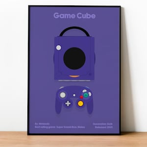 May include: A purple GameCube console with a controller. The text "Game Cube" is at the top of the image. The text "By: Nintendo" and "Best selling game: Super Smash Bros. Melee" is at the bottom left of the image. The text "Generation Sixth" and "Released 2001" is at the bottom right of the image.