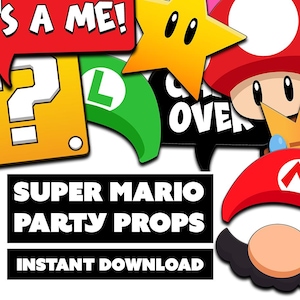 Può includere: Accessori per feste di Super Mario stampabili, con un blocco con punto interrogativo, una L verde, una stella, un fungo, una corona, un baffo rosso e nero e un fumetto che dice "Sono io!" e un altro che dice "Game Over".