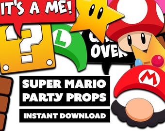 Super Mario Inspired Party & Photo booth Props, Birthday printable pack, Digital Super Mario party set, photo props, party pack