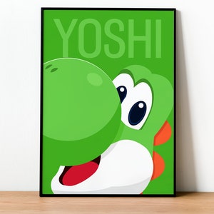 Könnte beinhalten: Eine grüne und weiße Comicfigur mit dem Wort "YOSHI" in schwarzen Buchstaben auf grünem Hintergrund.