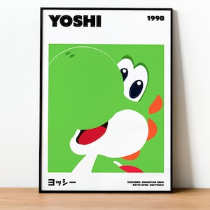 May include: A black framed poster featuring a green, white and orange illustration of Yoshi, a video game character. The poster includes the text "YOSHI" in black, "1990" in black, "ヨッシー" in black, "DESIGNER: SHIGERU MIYAMOTO", and "DEVELOPER: NINTENDO" in black.