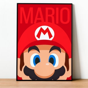 May include: A red and black illustration of Mario, a video game character, with the word "MARIO" in large red letters above him.