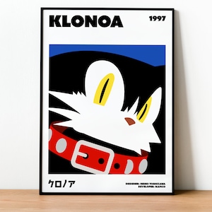 May include: A black and white poster featuring a cartoon character with yellow eyes and a red collar. The poster has the text "KLONOA 1997" and "クロノア" at the bottom. The text "DESIGNER: HIDEO YOSHIZAWA DEVELOPER: NAMCO" is also at the bottom of the poster.