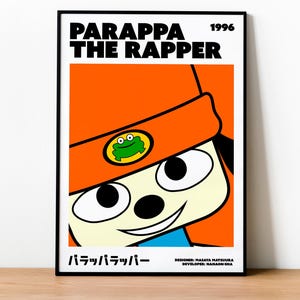 May include: A black and white poster featuring a cartoon dog wearing a red and orange hat. The dog has a green frog on its hat. The poster reads "Parappa the Rapper" and "1996".