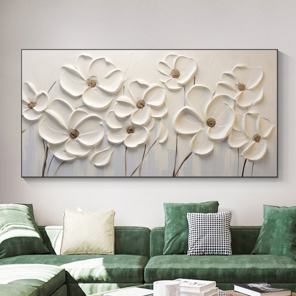 Original Blooming 3D White Flower Canvas Oil Painting,Modern Thick Painted Hand Knife Painting,Flower Texture Painting,Living Room Decor